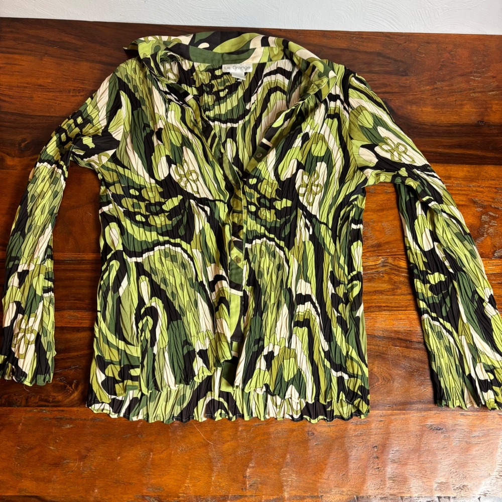 Le Grange Pleated Abstract Print Long Sleeve‎ Collared Blouse Womens Medium